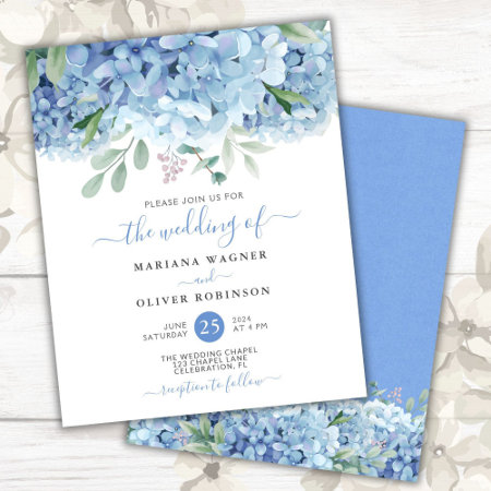 Budget Blue Hydrangeas Floral Wedding Invitation