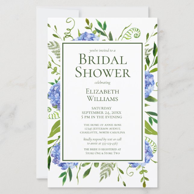 Budget Blue Hydrangeas Watercolor Bridal Shower (Front)