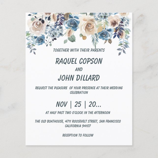 Budget.Blue,ivory,cream roses Wedding Invitation (Front)