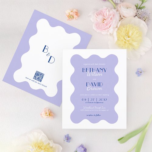 BUDGET Blue Lavender Wave Monogram QR Code Wedding