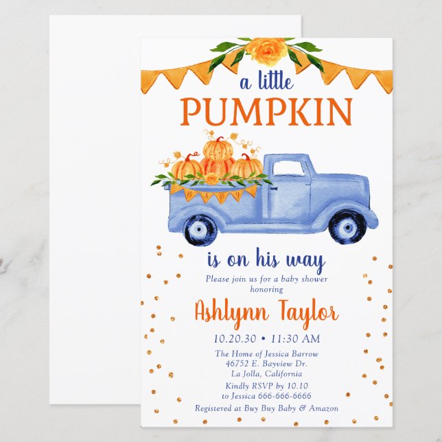 Budget Blue Little Pumpkin Baby Shower Invitation (Front/Back)