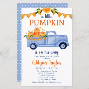 Budget Blue Little Pumpkin Baby Shower Invitation