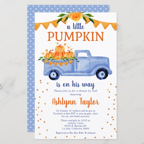 Budget Blue Little Pumpkin Shower By Mail Invite
