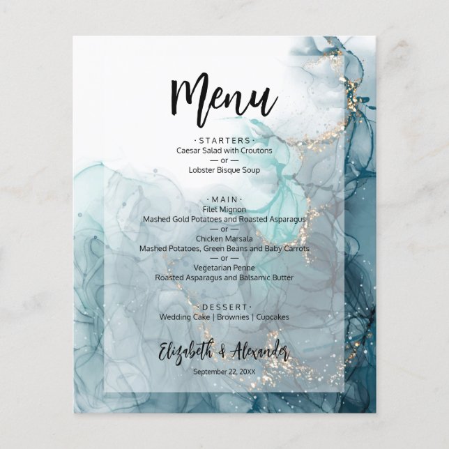 Budget Blue Marble Wedding Menu Flyer (Front)