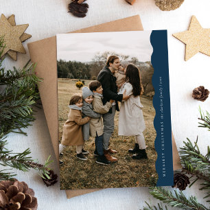 Budget Blue Modern Wavy Two Photo Christmas  Holiday Card