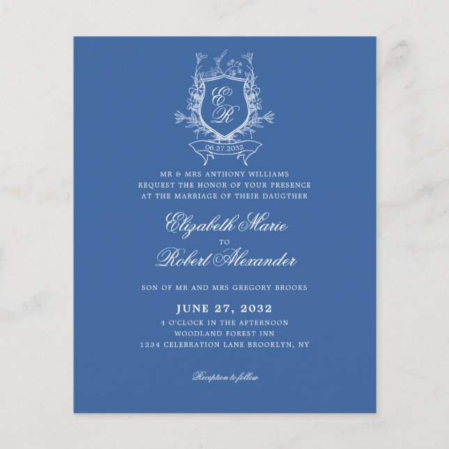 BUDGET Blue Monogram Crest Traditional Wedding (Front)