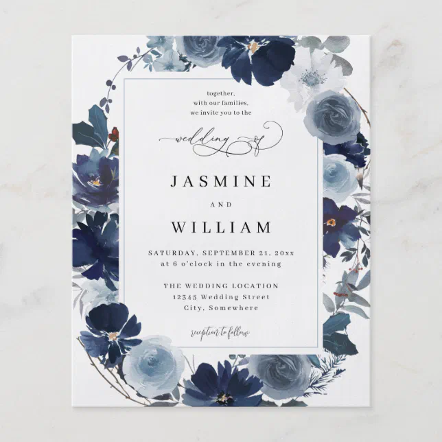 Budget Blue & Navy Floral Wedding Flyer | Zazzle