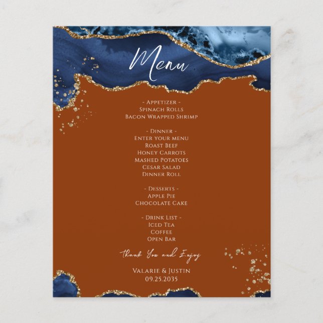 Budget Blue Orange Agate Wedding Menu Flyer (Front)