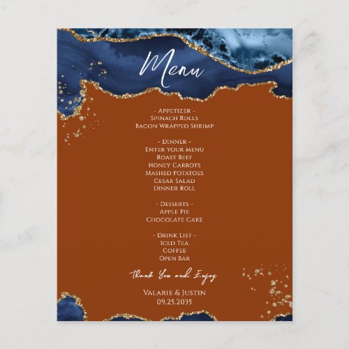 Budget Blue Orange Agate Wedding Menu Flyer