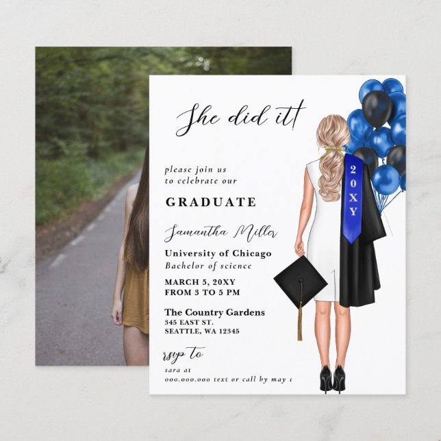 Budget Blue Photo She Did It Graduation Invitation (Front/Back)
