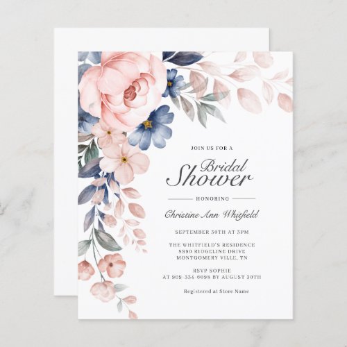Budget Blue Pink Floral Bridal Shower Invitation