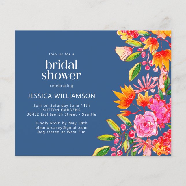 Budget Blue Pink Floral Bridal Shower Invite (Front)
