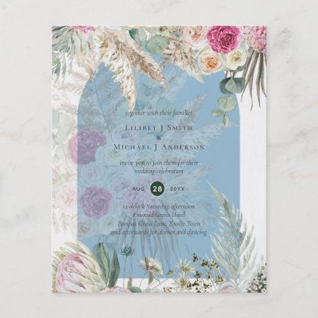BUDGET Blue Pink Floral Pampas Grass Wedding Flyer