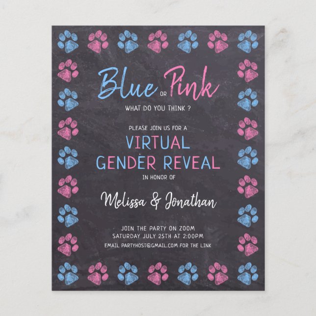 Budget Blue Pink Paw Prints Virtual Gender Reveal  (Front)