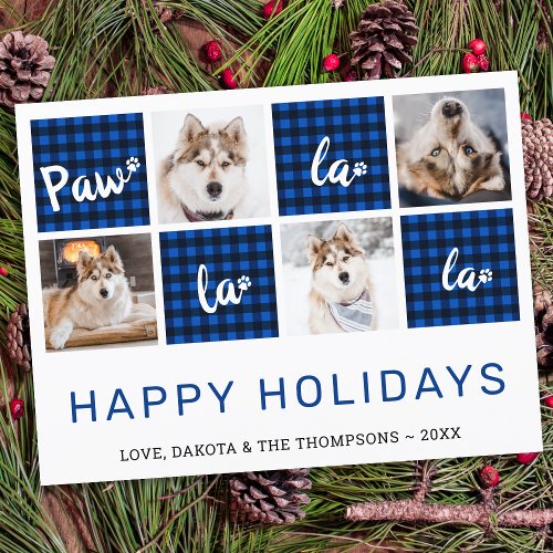Budget Blue Plaid Pet Photo Collage Holiday Card