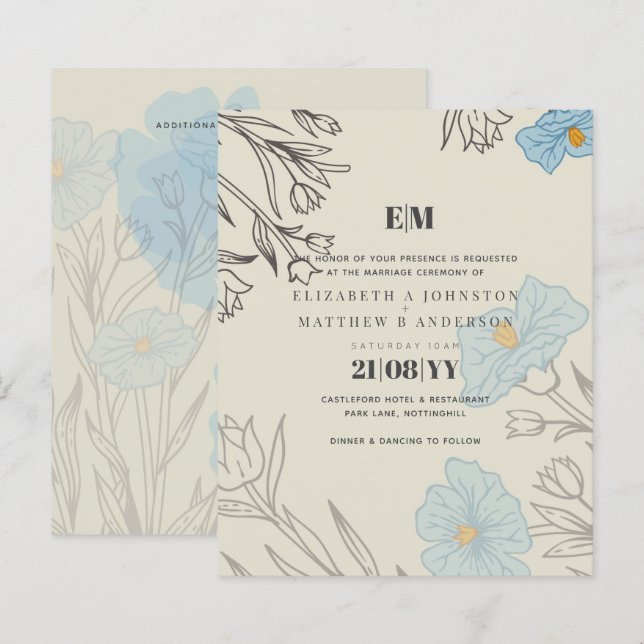 BUDGET Blue Poppy Magnolia Wedding Invitation (Front/Back)