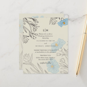 BUDGET Blue Poppy Magnolia Wedding Invitation