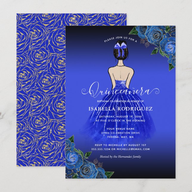 Budget Blue Princess Gold  Quinceañera Invitation (Front/Back)