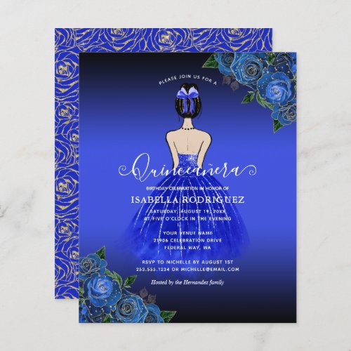 Budget Blue Princess Gold Quinceaera Invitation