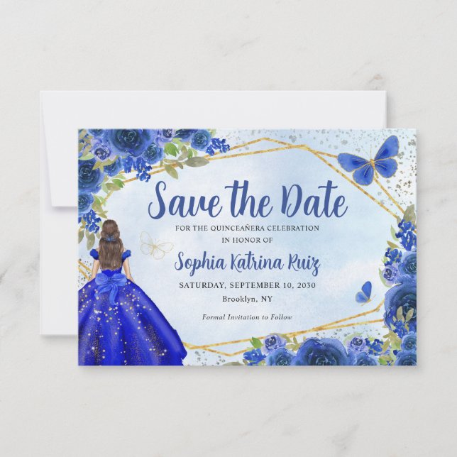 Budget Blue Princess Quinceañera Save the Date Note Card (Front)