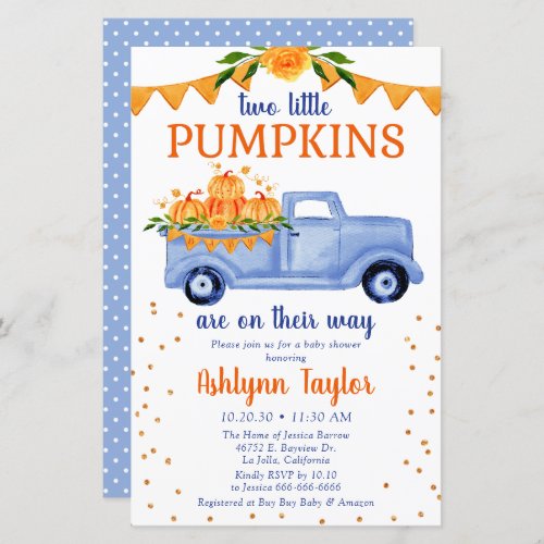 Budget Blue Pumpkin Truck Twin Baby Shower Invite