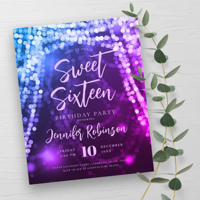 Budget Blue Purple String Lights Sweet 16 Invite Flyer | Zazzle