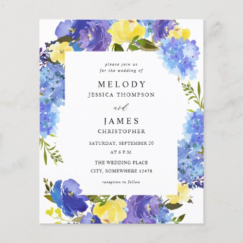 Budget Blue Purple  Yellow Floral Wedding Flyer