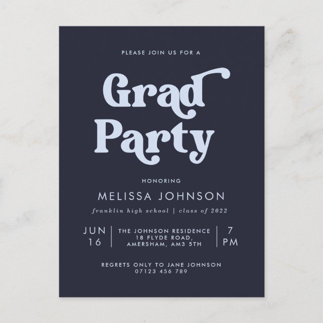 Budget Blue Retro Type Grad Party Invitation Postcard (Front)
