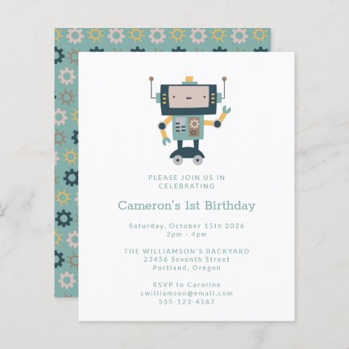 Budget Blue Robot Simple 1st Birthday Invitation