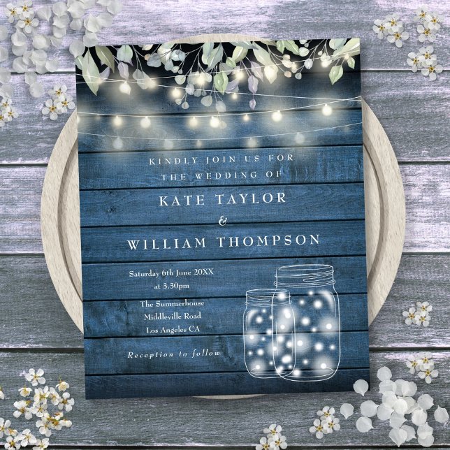 Budget Blue Rustic Lights Mason Jar Wedding Invite (Budget Blue Rustic Lights Mason Jar Wedding Invite)