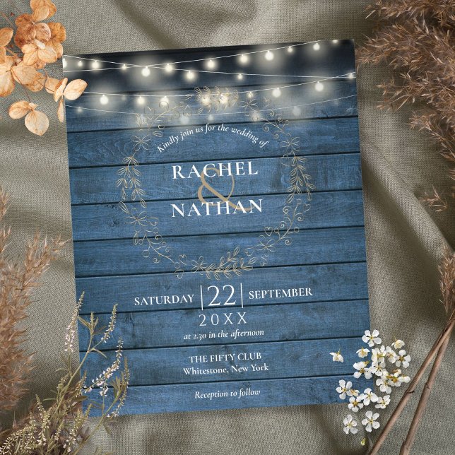 Budget Blue Rustic String Lights Wedding Invite (Creator Uploaded)