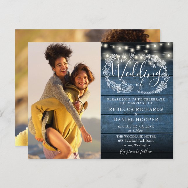 Budget Blue Rustic Wood 2 Photo Wedding Invite (Front/Back)