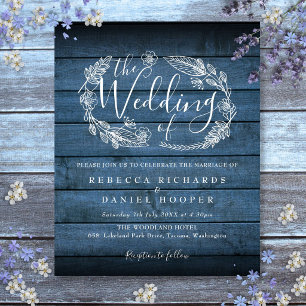Budget Blue Rustic Wood Foliage Wedding Invite