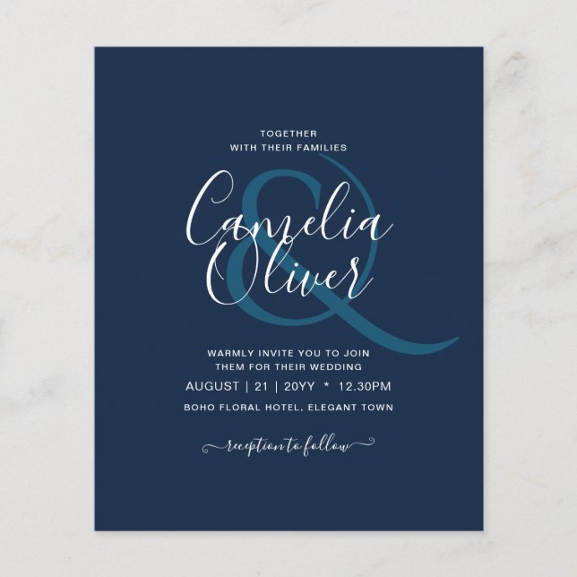 BUDGET Blue Script Calligraphy Ampersand Wedding Flyer (Front)