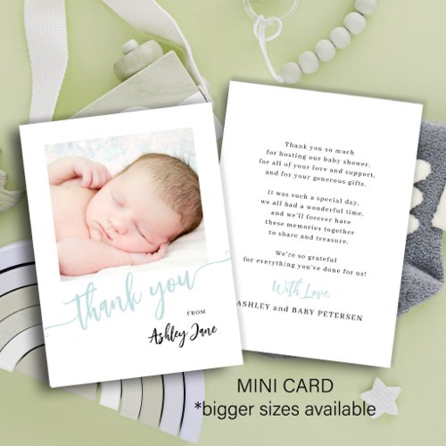 Budget blue script photo boy baby shower thank you note card