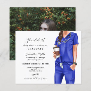 Budget Blue Scrubs Nurse Photo Graduation Invite