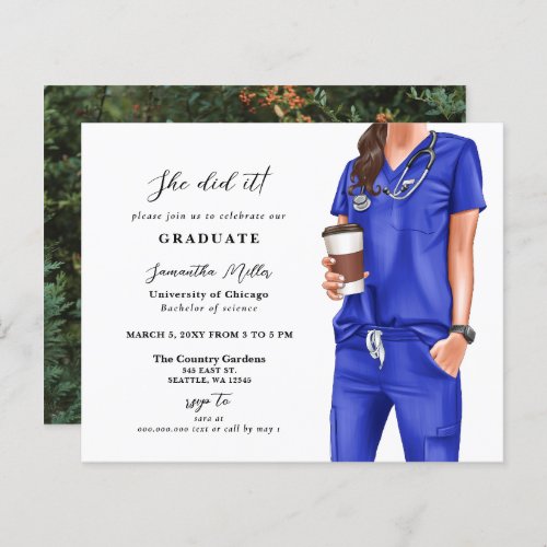 Budget Blue Scrubs Nurse Photo Graduation Invite