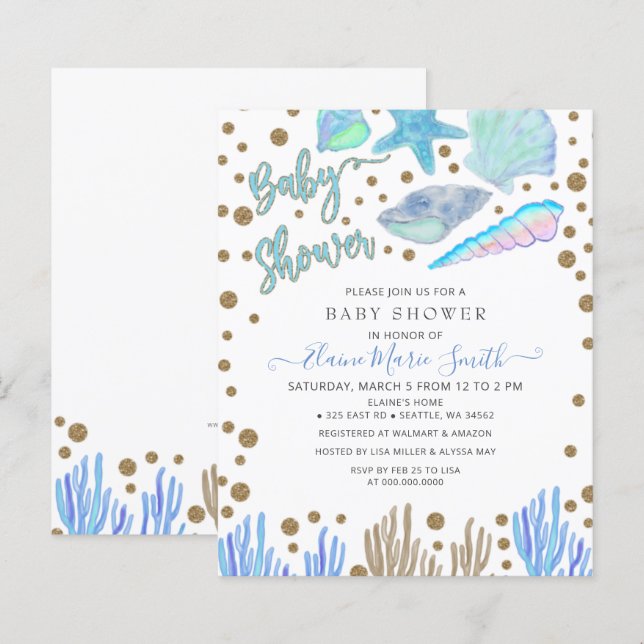 Budget Blue Seashells Beach Baby Shower invitation (Front/Back)