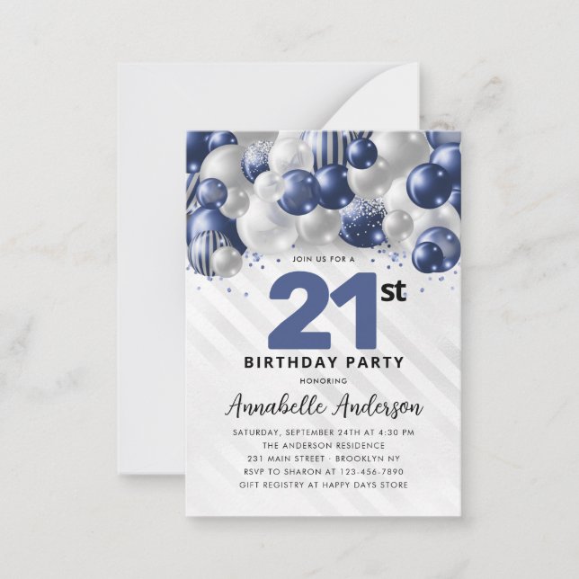 Budget Blue Silver Balloon Glitter 21st Birthday Note Card (Front)