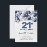 Budget Blue Silver Balloon Glitter 21st Birthday Note Card<br><div class="desc">Modern Glam Navy Blue Silver Balloon Glitter Sparkle Any Age Birthday Invitation</div>