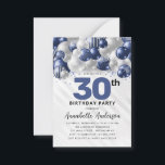 Budget Blue Silver Balloon Glitter 30th Birthday Note Card<br><div class="desc">Modern Glam Navy Blue Silver Balloon Glitter Sparkle Any Age Birthday Invitation</div>