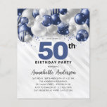 Budget Blue Silver Balloon Glitter 50th Birthday<br><div class="desc">Modern Glam Navy Blue Silver Balloon Glitter Sparkle Any Age Birthday Invitation</div>
