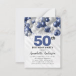 Budget Blue Silver Balloon Glitter 50th Birthday Note Card<br><div class="desc">Modern Glam Navy Blue Silver Balloon Glitter Sparkle Any Age Birthday Invitation</div>