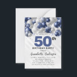 Budget Blue Silver Balloon Glitter 50th Birthday Note Card<br><div class="desc">Modern Glam Navy Blue Silver Balloon Glitter Sparkle Any Age Birthday Invitation</div>