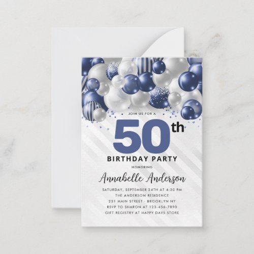Budget Blue Silver Balloon Glitter 50th Birthday Note Card