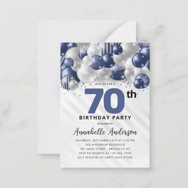 Budget Blue Silver Balloon Glitter 70th Birthday Note Card | Zazzle