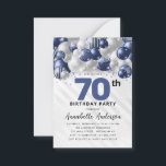 Budget Blue Silver Balloon Glitter 70th Birthday Note Card<br><div class="desc">Modern Glam Navy Blue Silver Balloon Glitter Sparkle Any Age Birthday Invitation</div>