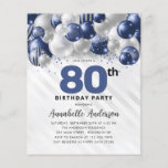 Budget Blue Silver Balloon Glitter 80th Birthday<br><div class="desc">Modern Glam Navy Blue Silver Balloon Glitter Sparkle Any Age Birthday Invitation</div>