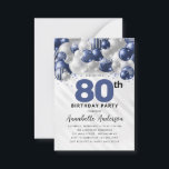 Budget Blue Silver Balloon Glitter 80th Birthday Note Card<br><div class="desc">Modern Glam Navy Blue Silver Balloon Glitter Sparkle Any Age Birthday Invitation</div>
