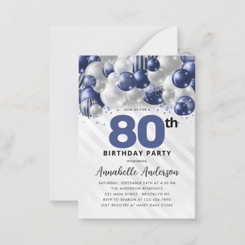 Budget Blue Silver Balloon Glitter 80th Birthday Note Card